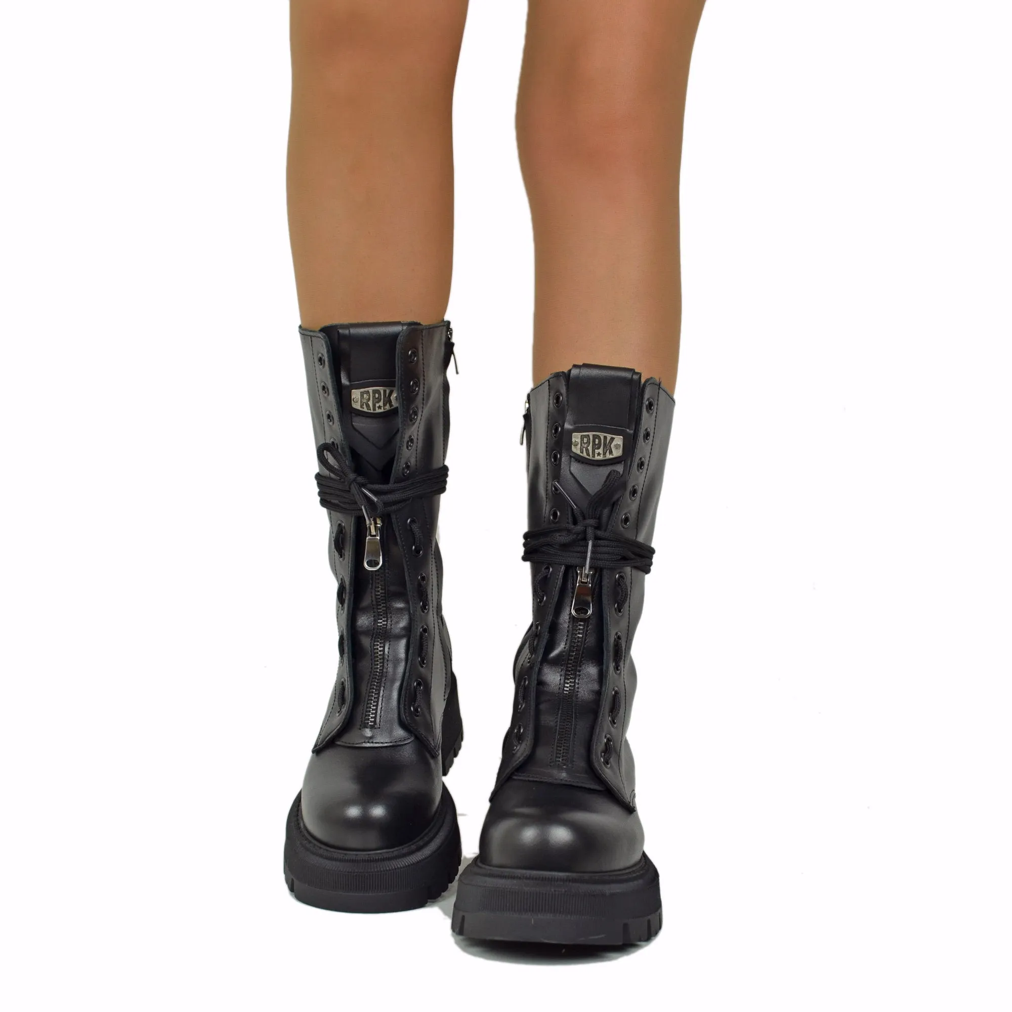 RPK Stivali Anfibi Alti Stringati in Vera Pelle Chunky Boots Platform KB916