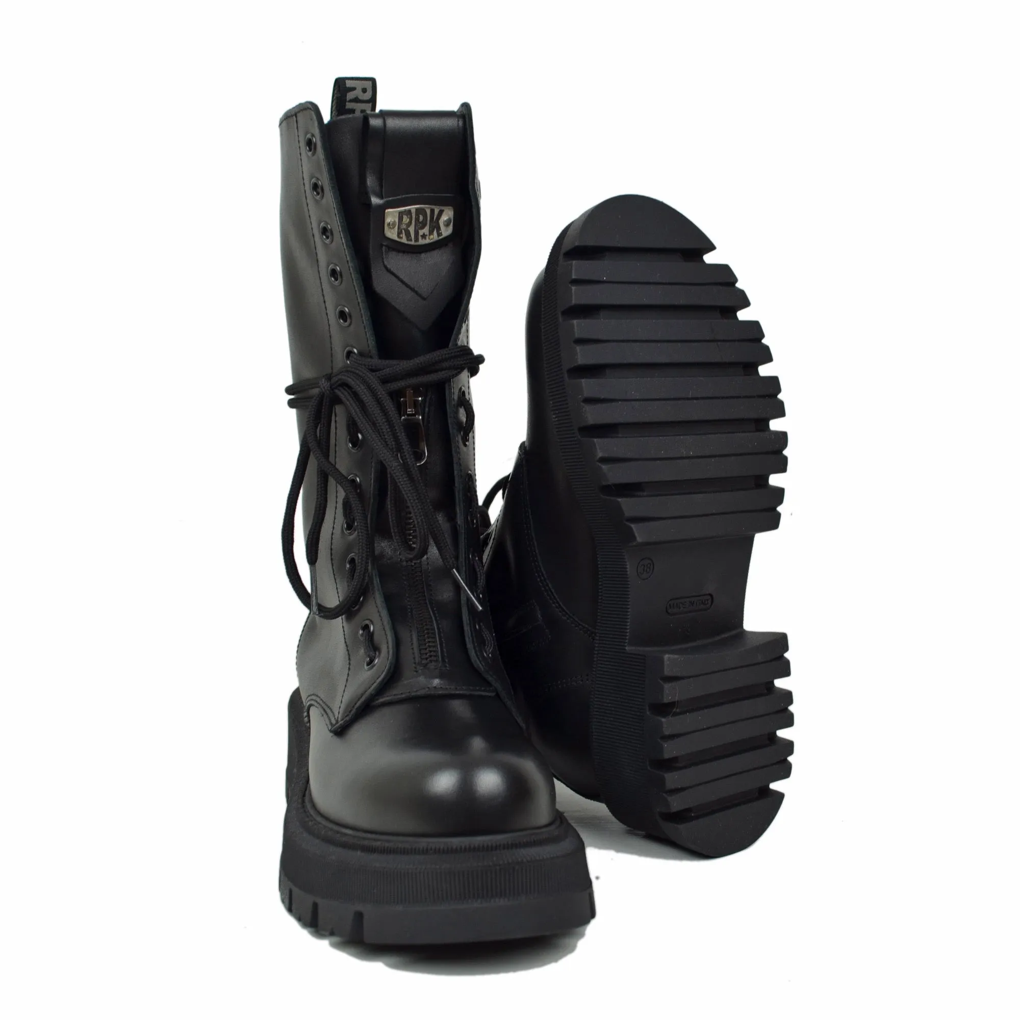 RPK Stivali Anfibi Alti Stringati in Vera Pelle Chunky Boots Platform KB916