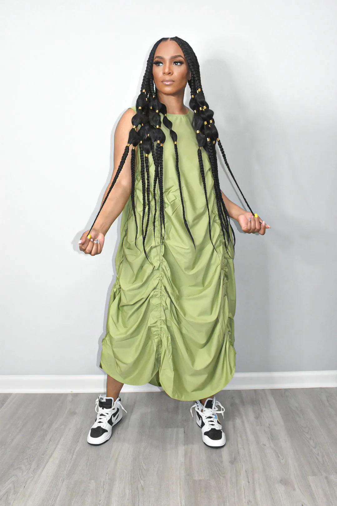 Sage Ruched Sleeveless Dress