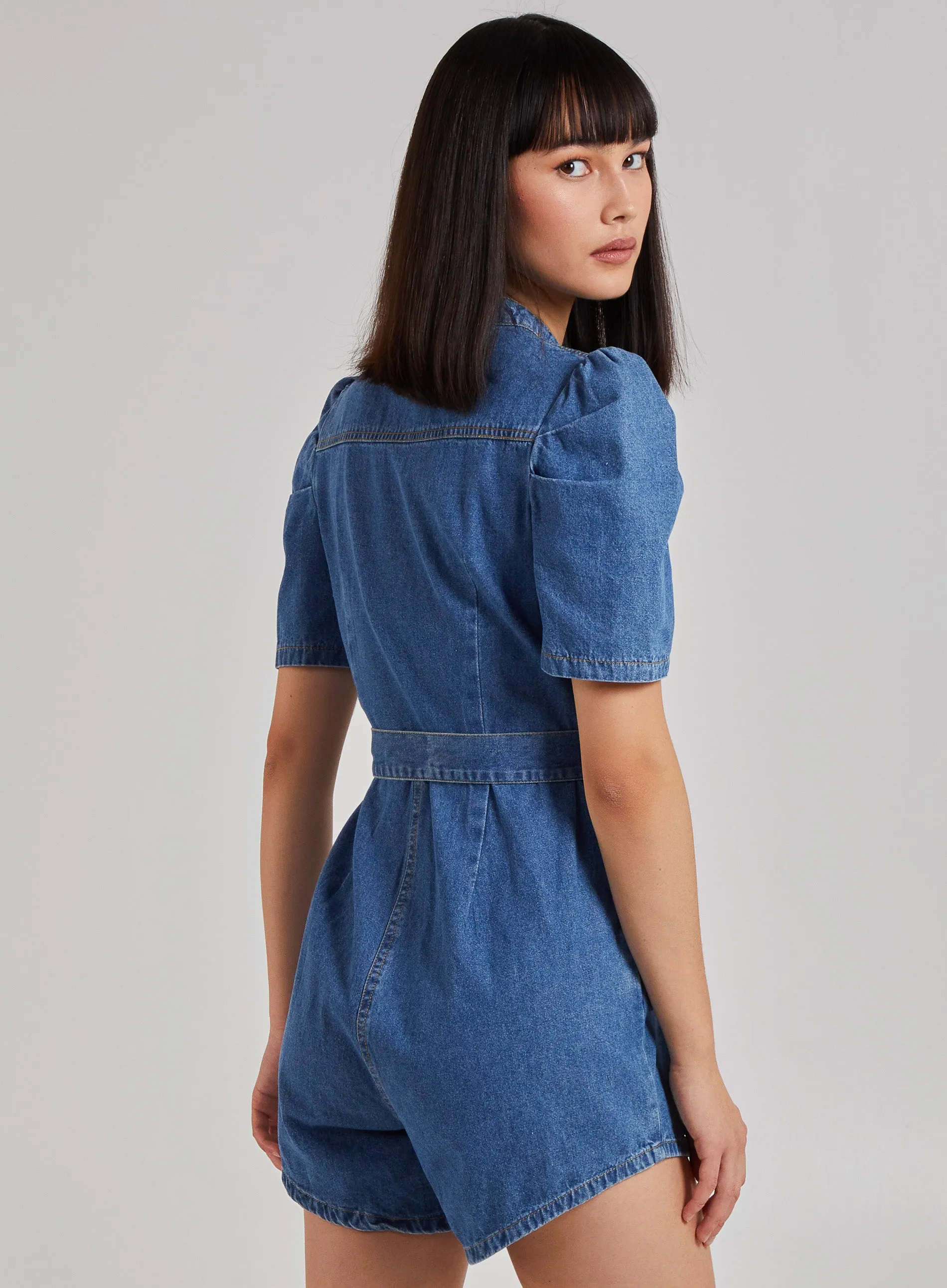 Short Sleeve Belted Denim Playsuit
