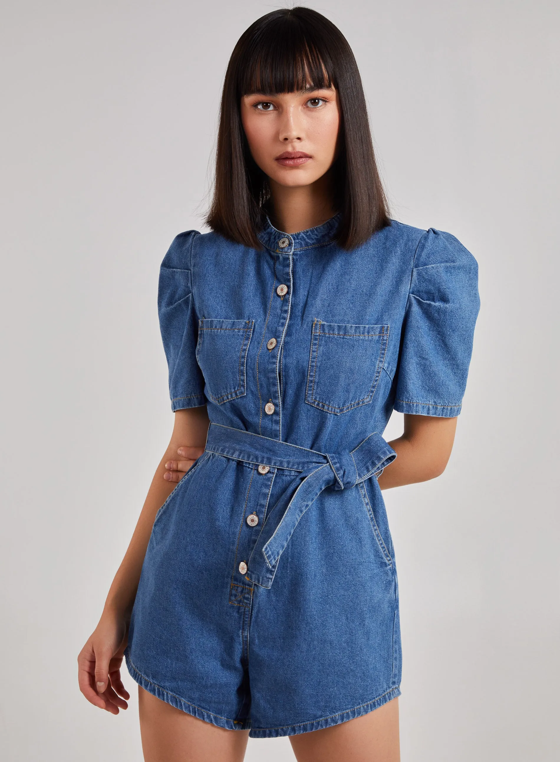 Short Sleeve Belted Denim Playsuit