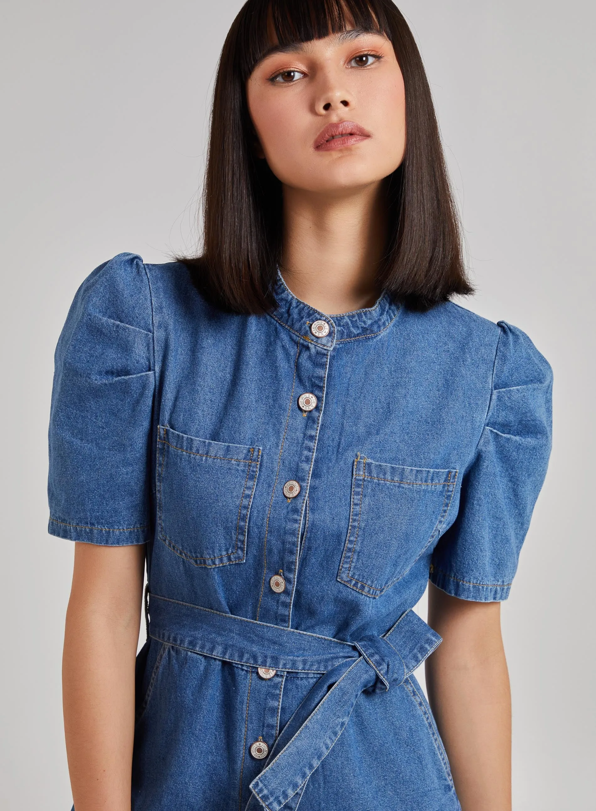 Short Sleeve Belted Denim Playsuit