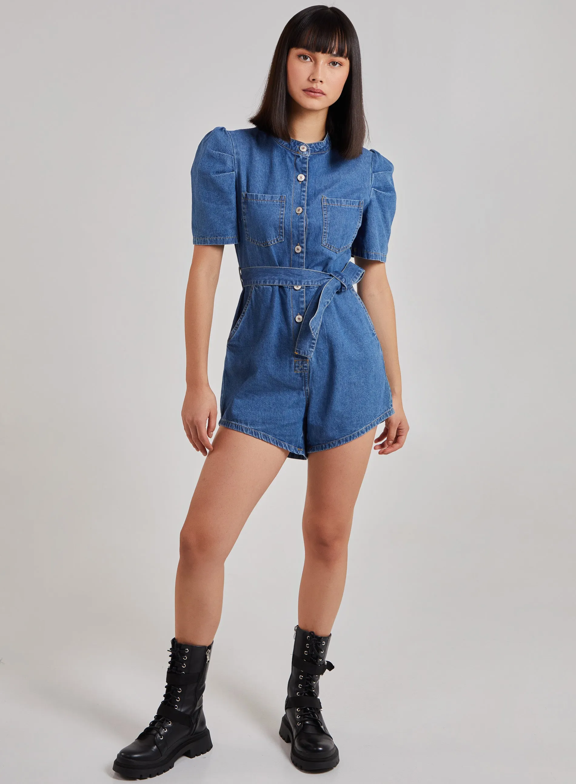 Short Sleeve Belted Denim Playsuit