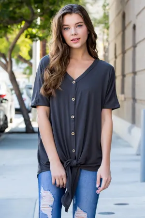 Short Sleeved Button-down Tie Front Top