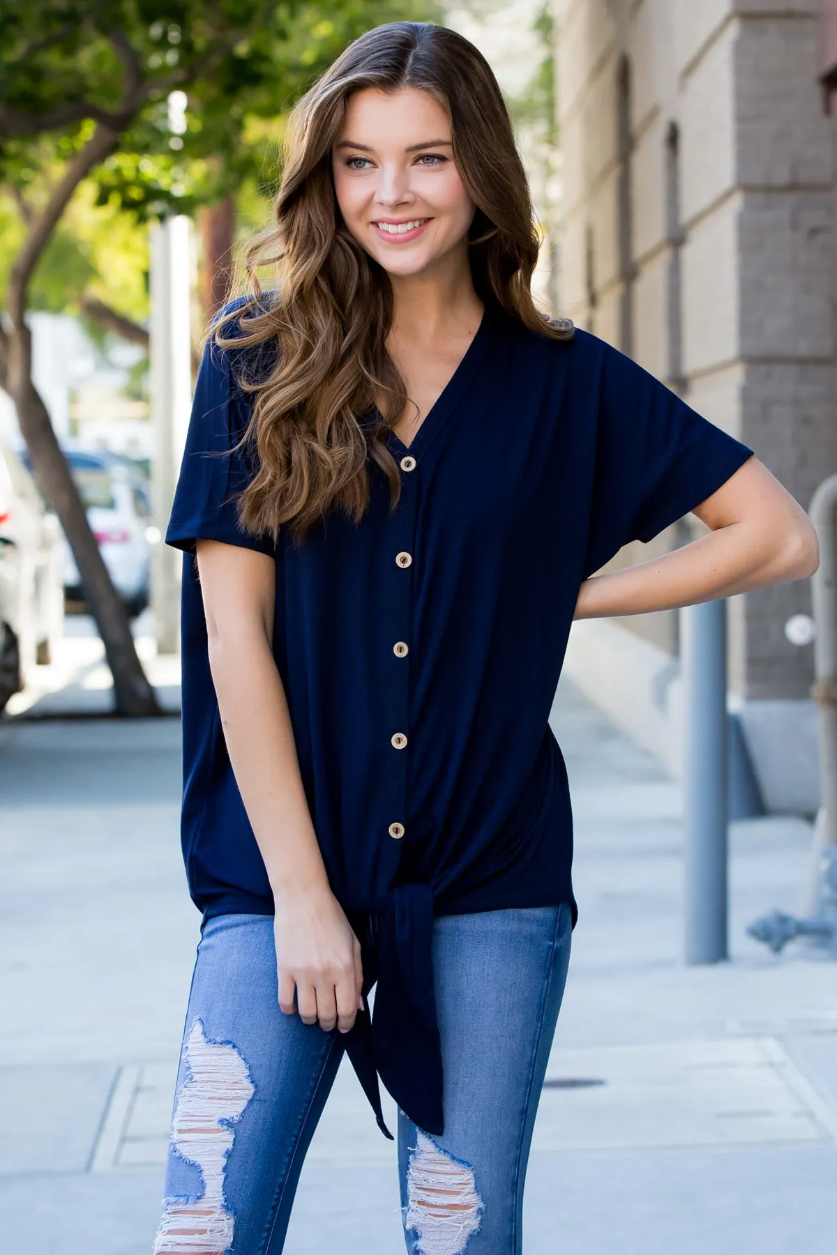 Short Sleeved Button-down Tie Front Top