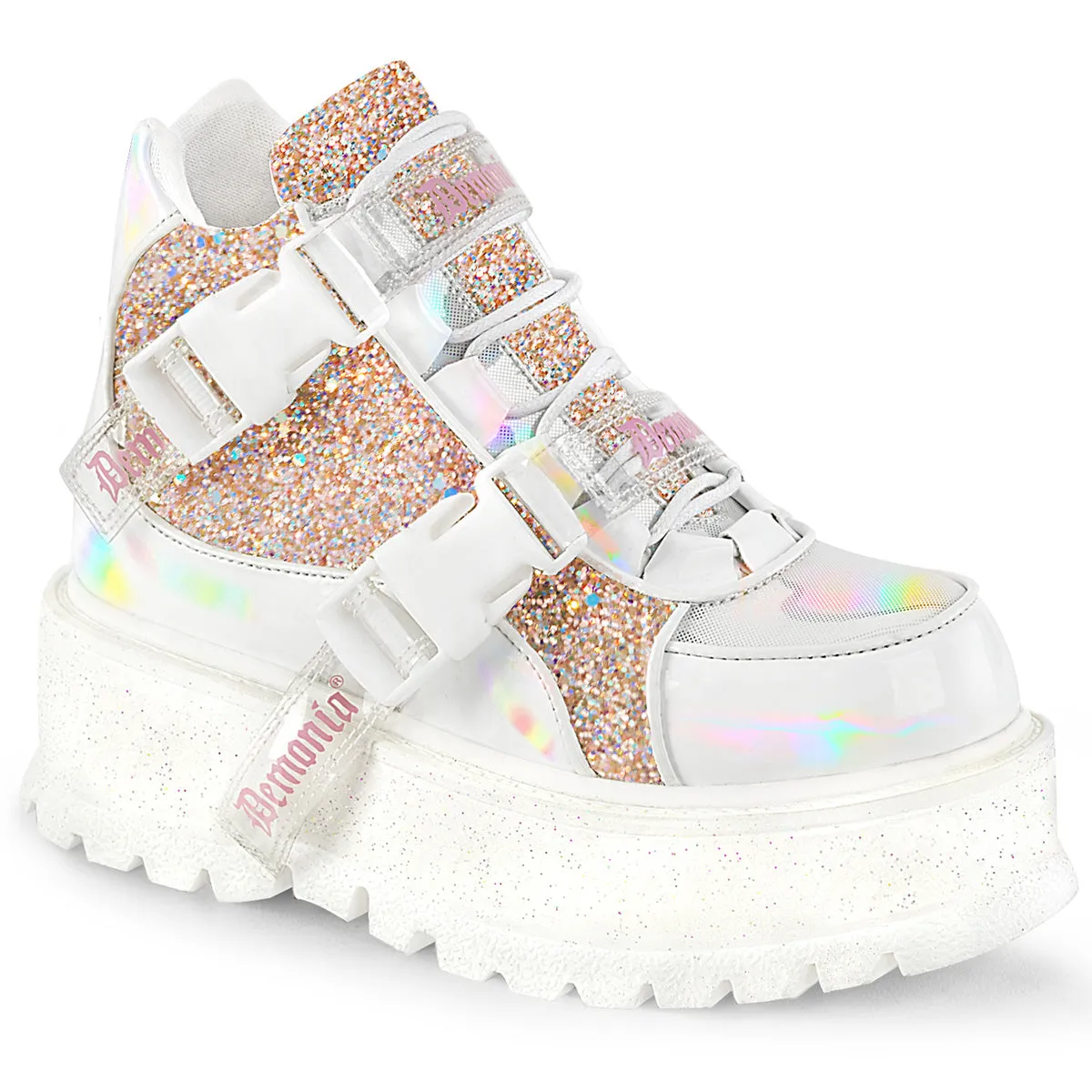 SLACKER-50  White Holographic Patent-Baby Pink Multi Glitter