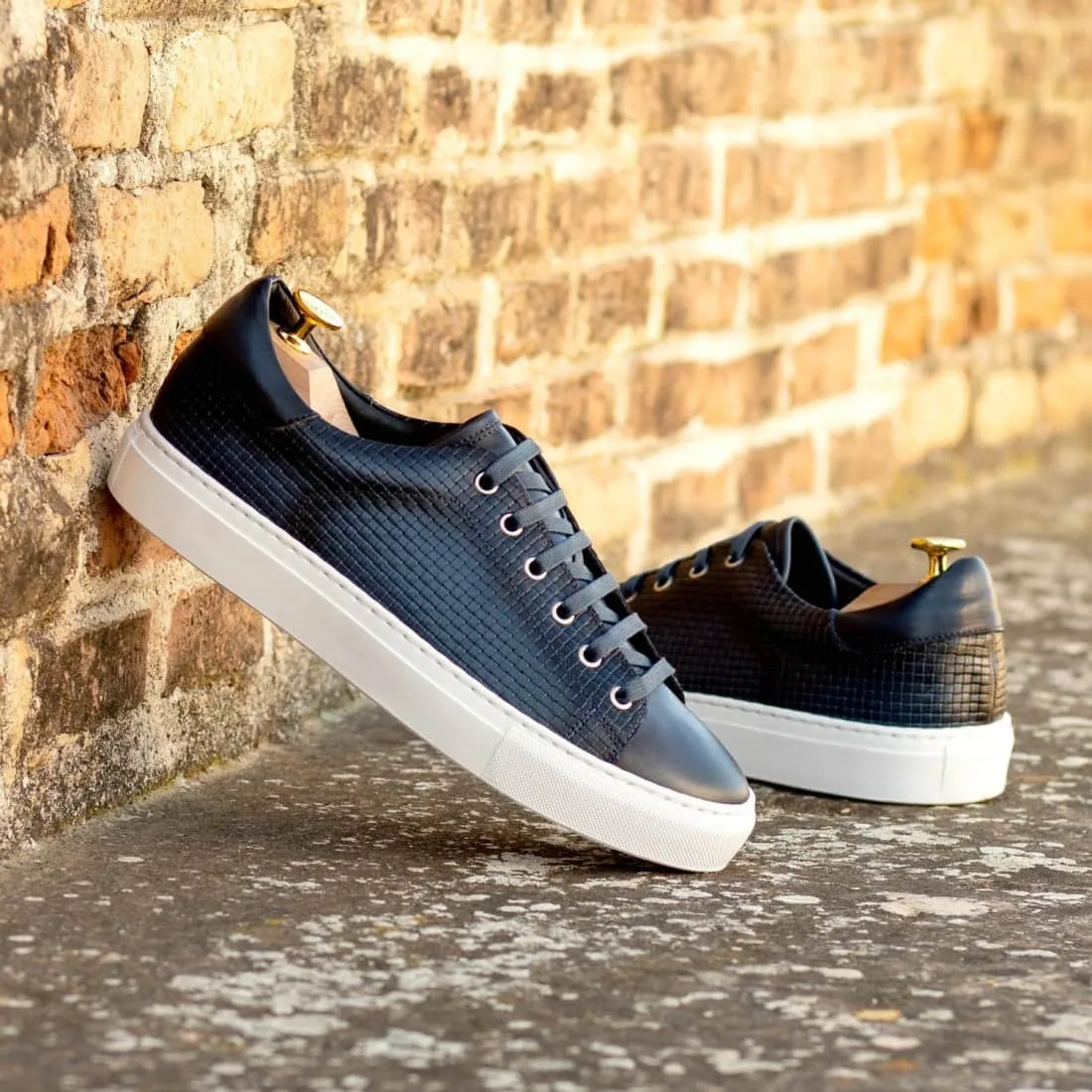 Sneakers Jersey en cuir tressé bleu marine - Semelles Blanches