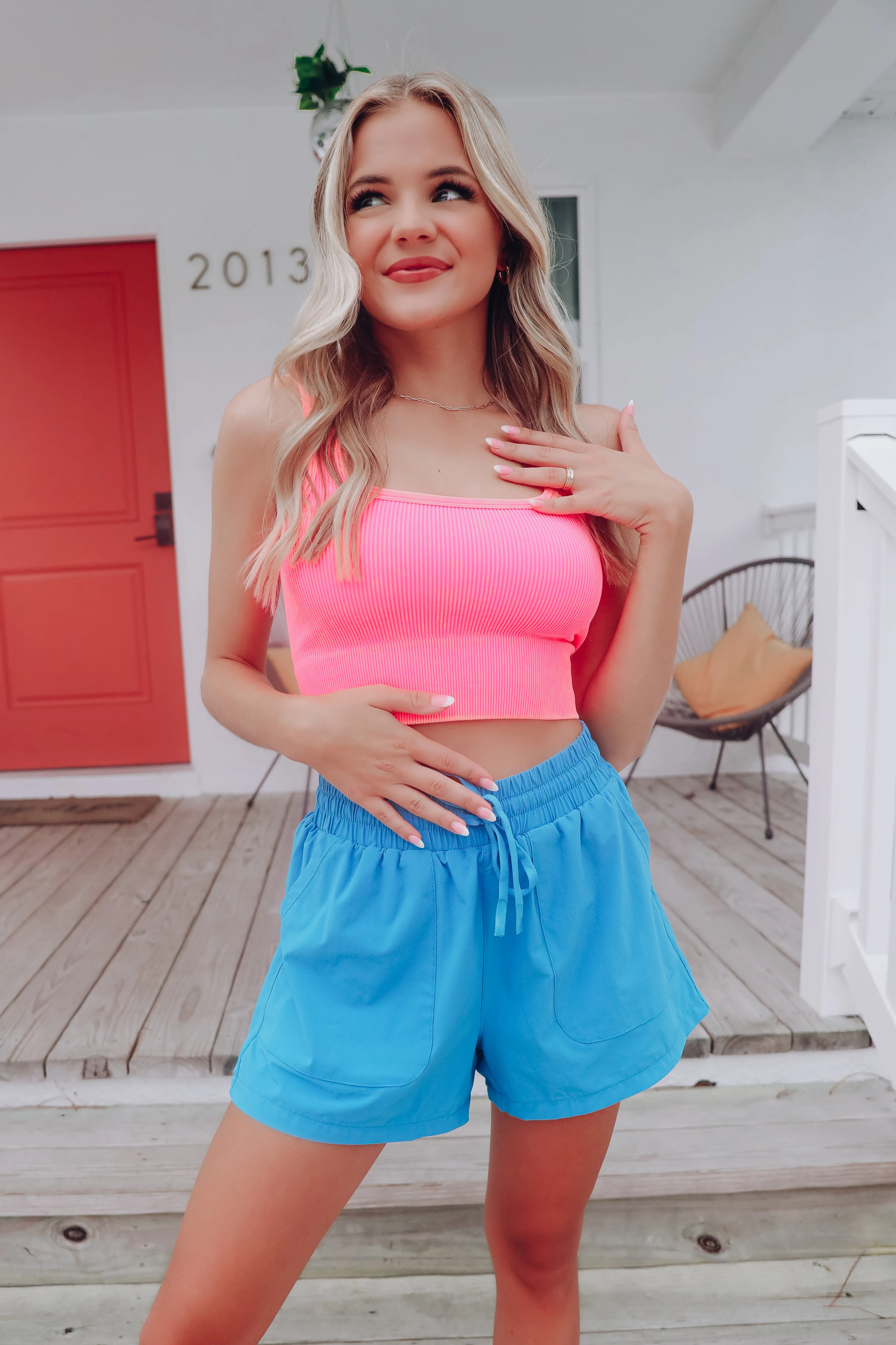 Square Neck Ribbed Crop Tank - Neon Pink