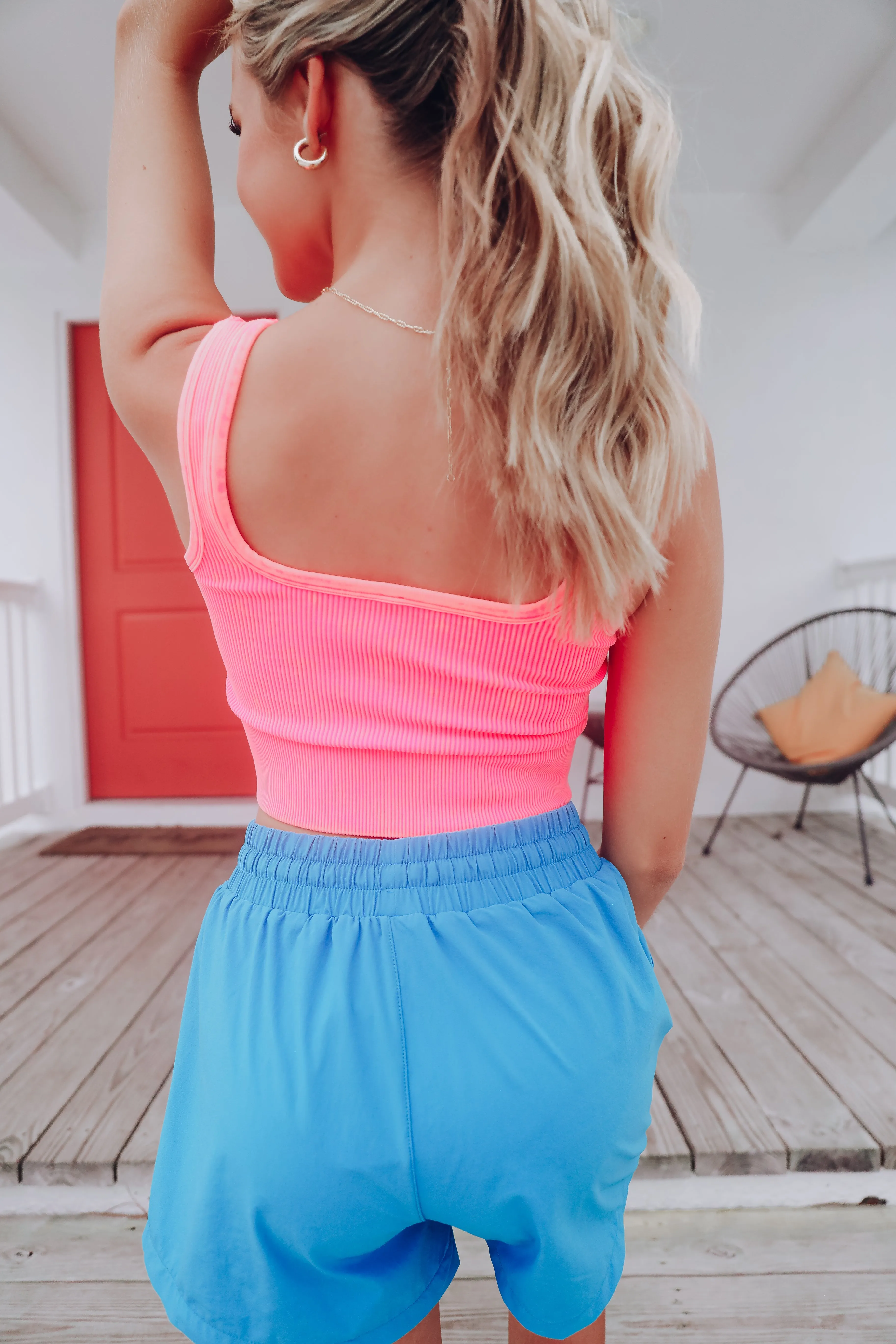 Square Neck Ribbed Crop Tank - Neon Pink