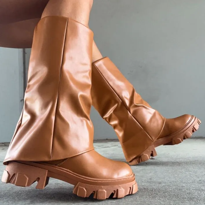STANLEY/2024 Tan Faux Leather Drape Over Sleeve Mid Calf Boot