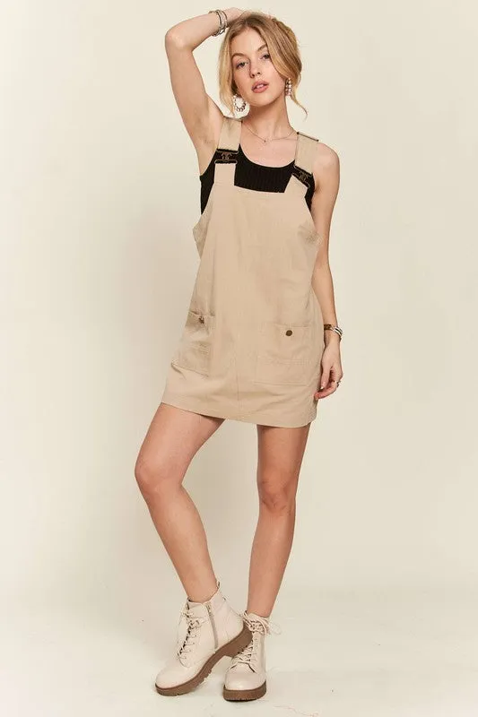 Tan Adjustable Wide Strap Square Neck Overall Dress
