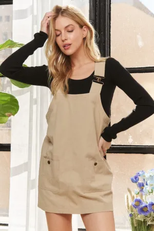 Tan Adjustable Wide Strap Square Neck Overall Dress