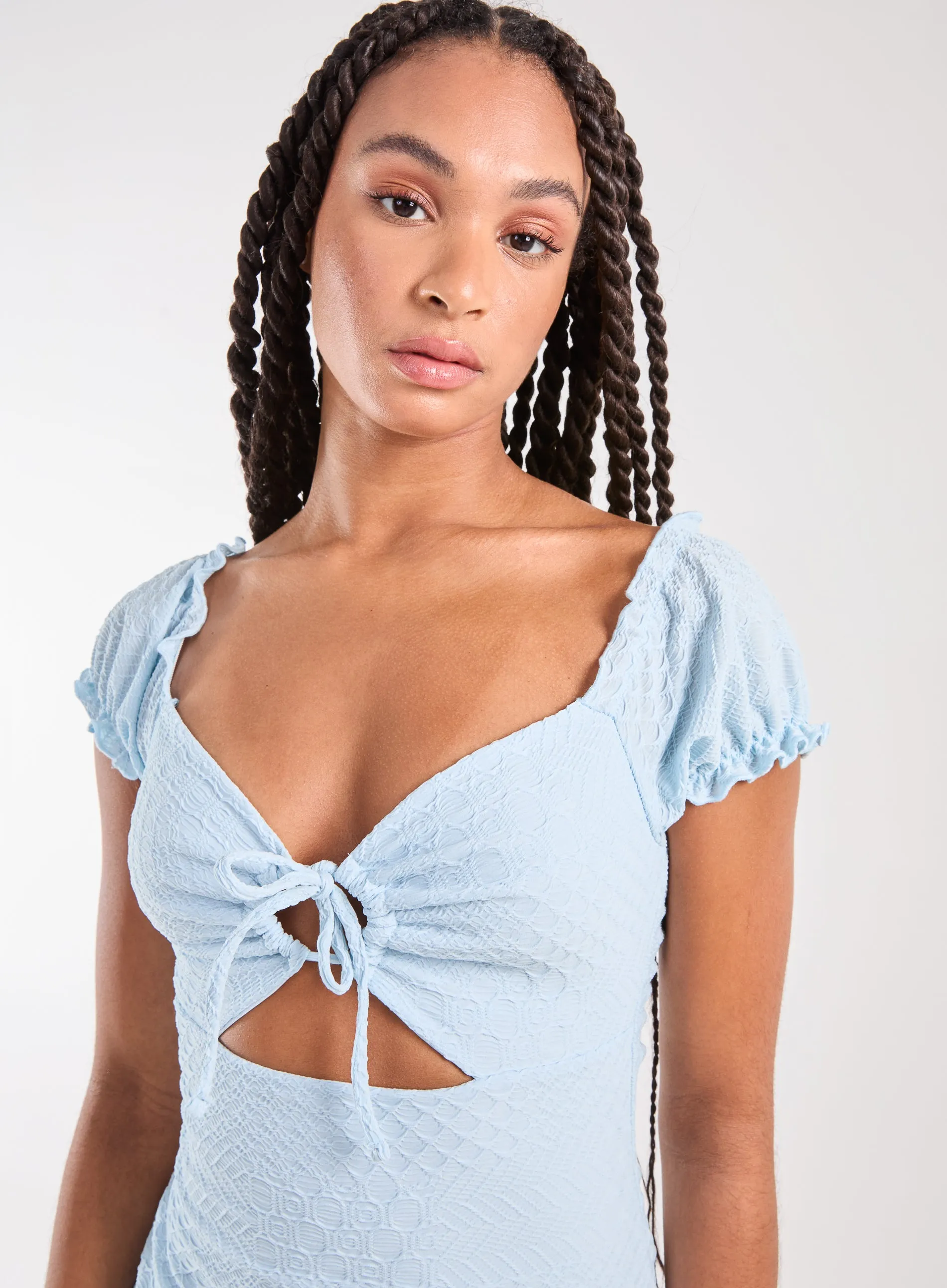 Textured Puff Sleeve Key Hole Dress