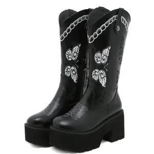 Thick Heel Embroidery Western Mid-Calf Boots