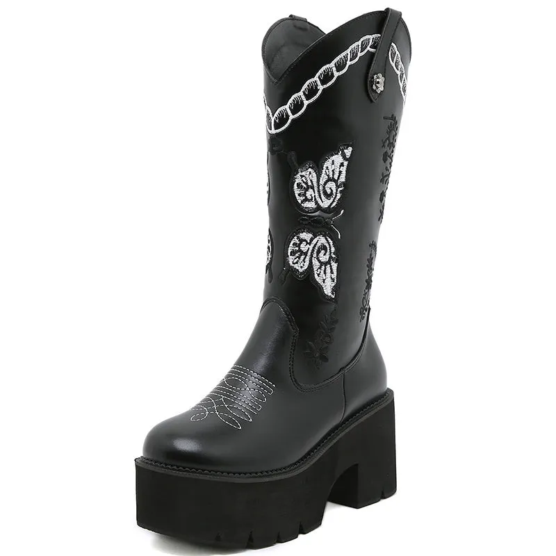 Thick Heel Embroidery Western Mid-Calf Boots