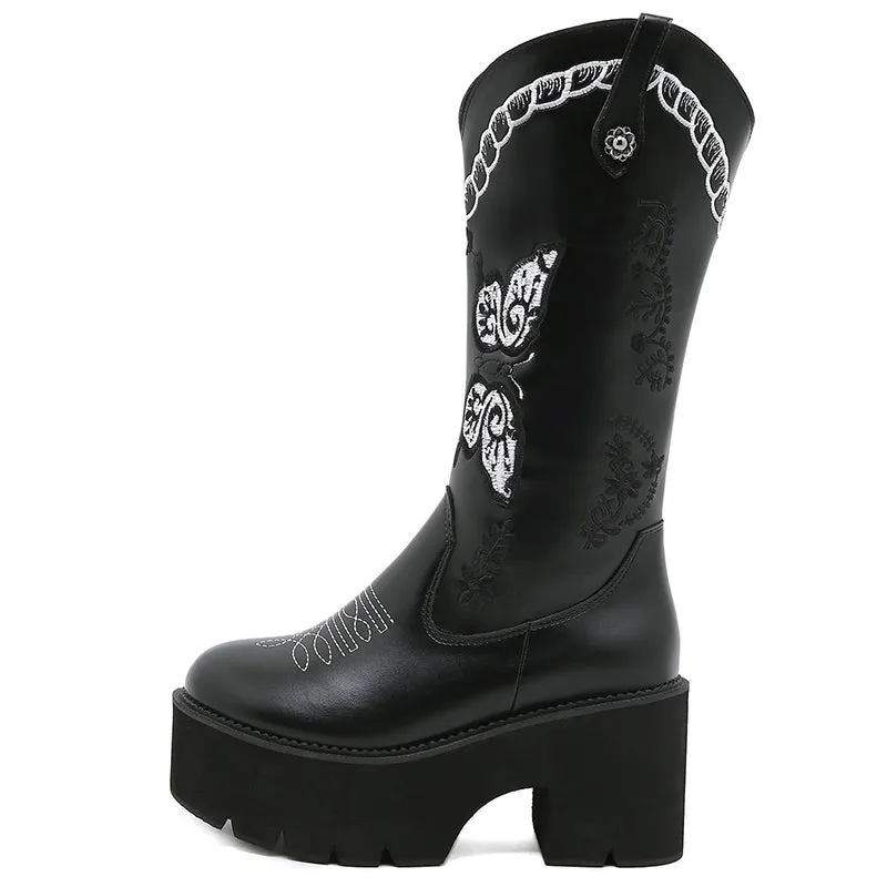 Thick Heel Embroidery Western Mid-Calf Boots