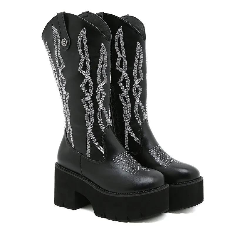 Thick Heel Embroidery Western Mid-Calf Boots