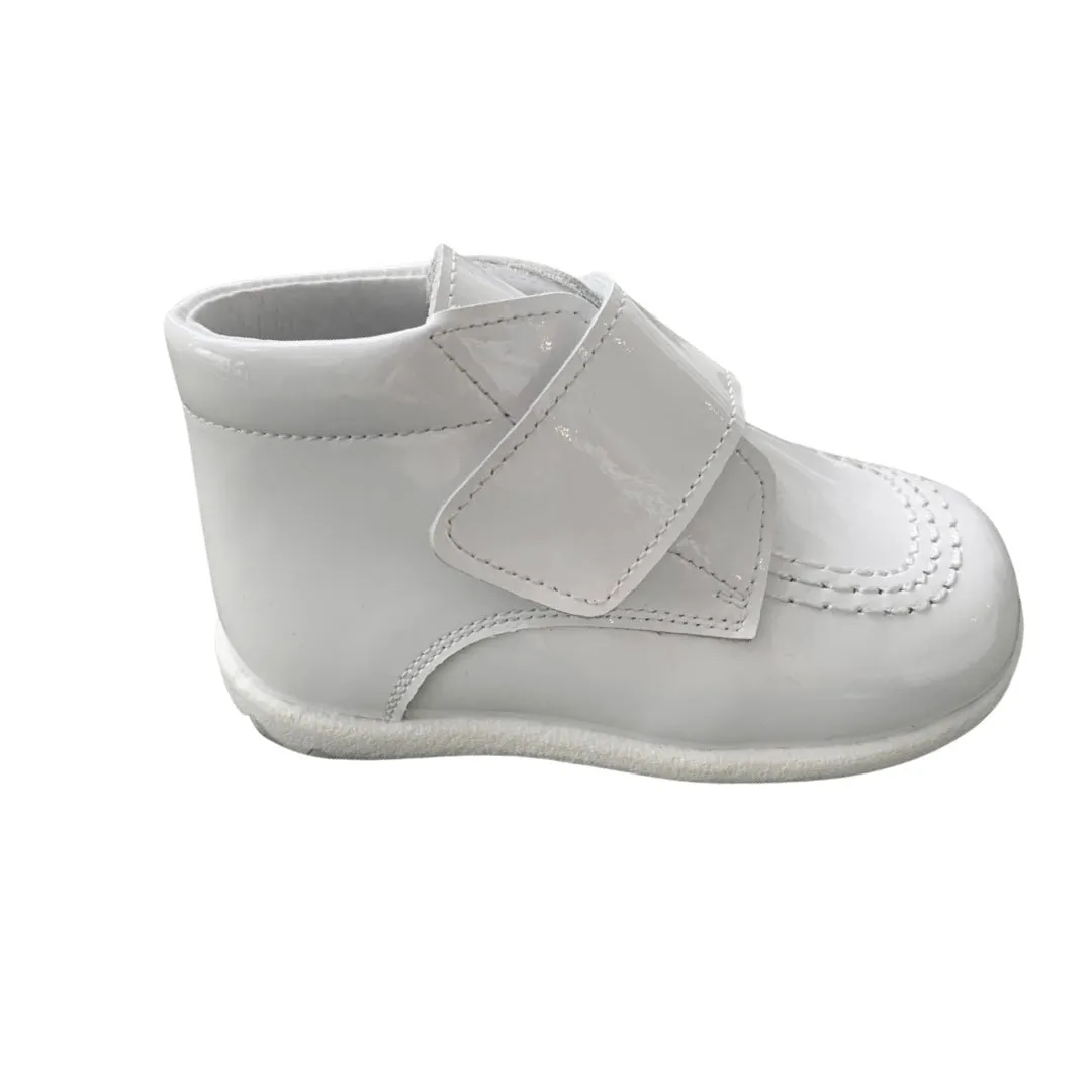 Velcro Strap Leather Boot in White Patent