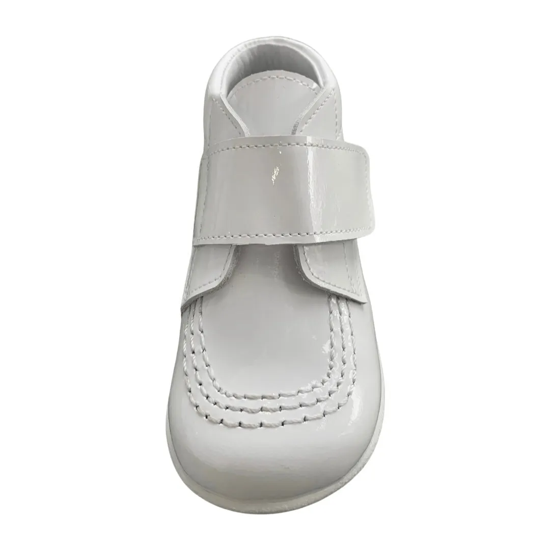 Velcro Strap Leather Boot in White Patent