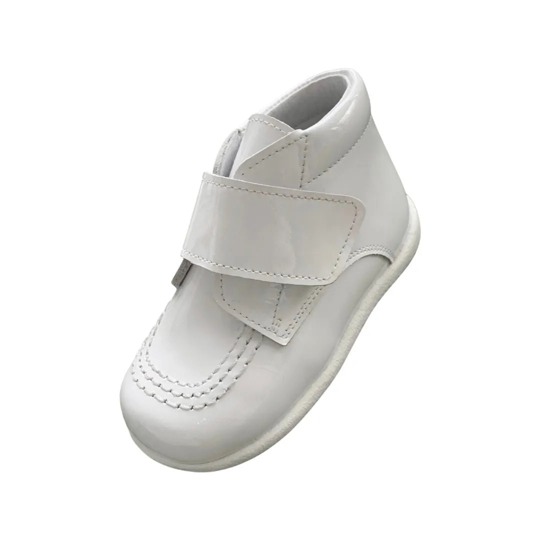 Velcro Strap Leather Boot in White Patent
