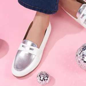 White Patent & Silver Penny Loafers