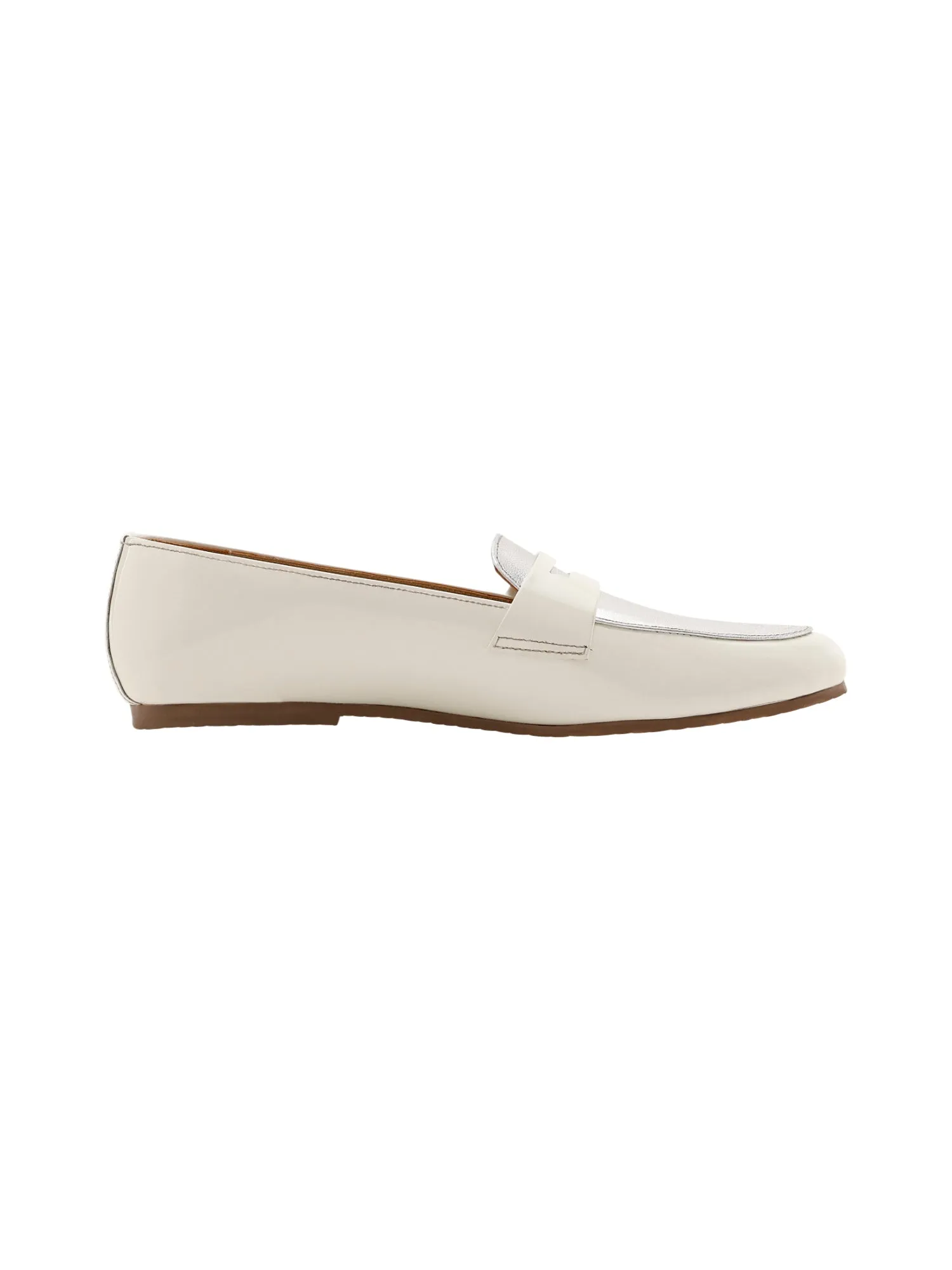 White Patent & Silver Penny Loafers