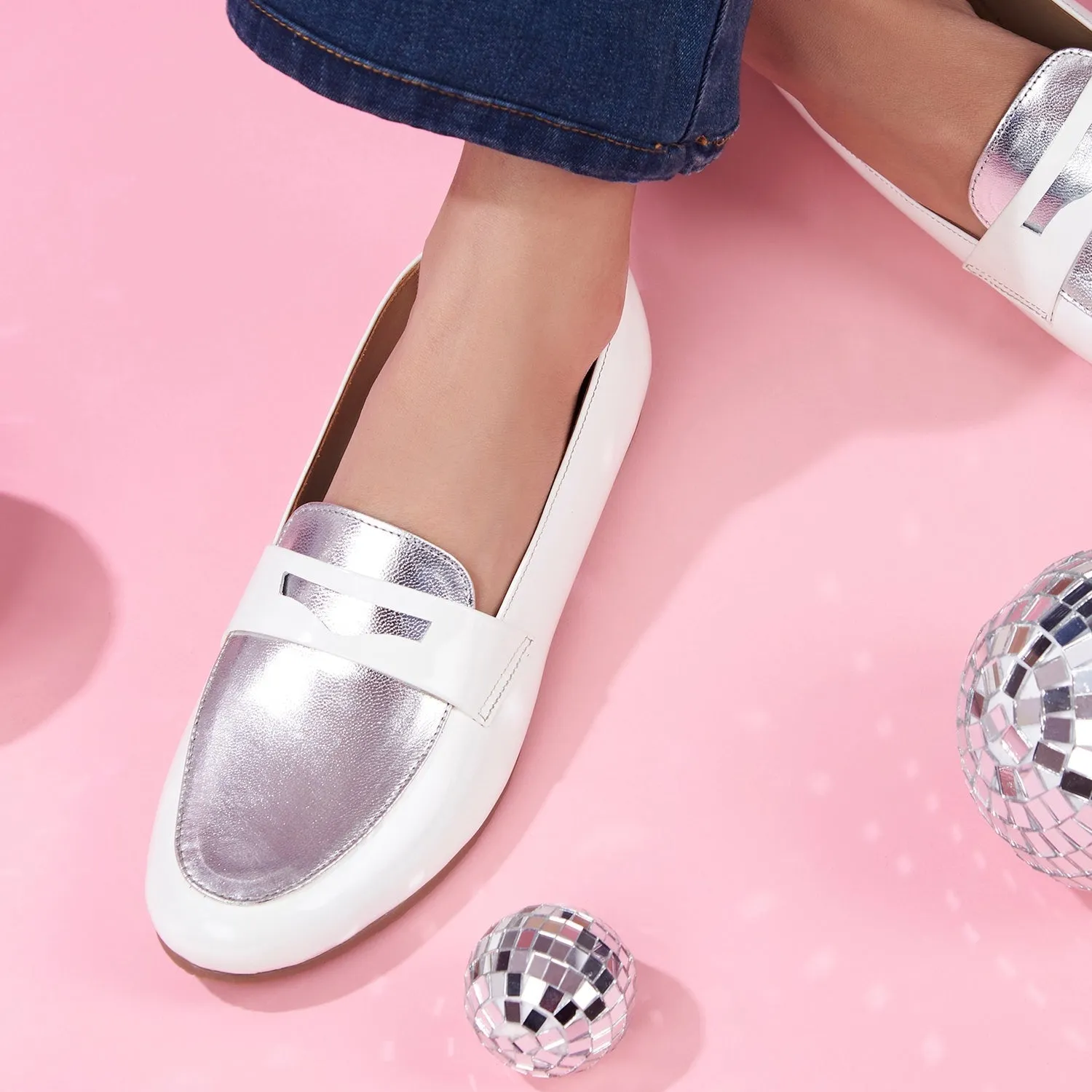 White Patent & Silver Penny Loafers