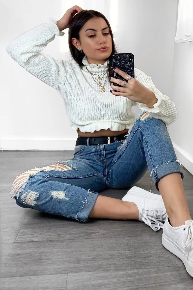 White Ruffle Hem Chunky Knit Crop Jumper - Alannah