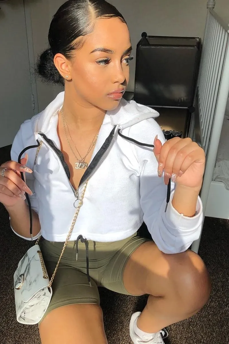 White Zip Front Drawstring Waist Hoodie Crop Top - Rudi