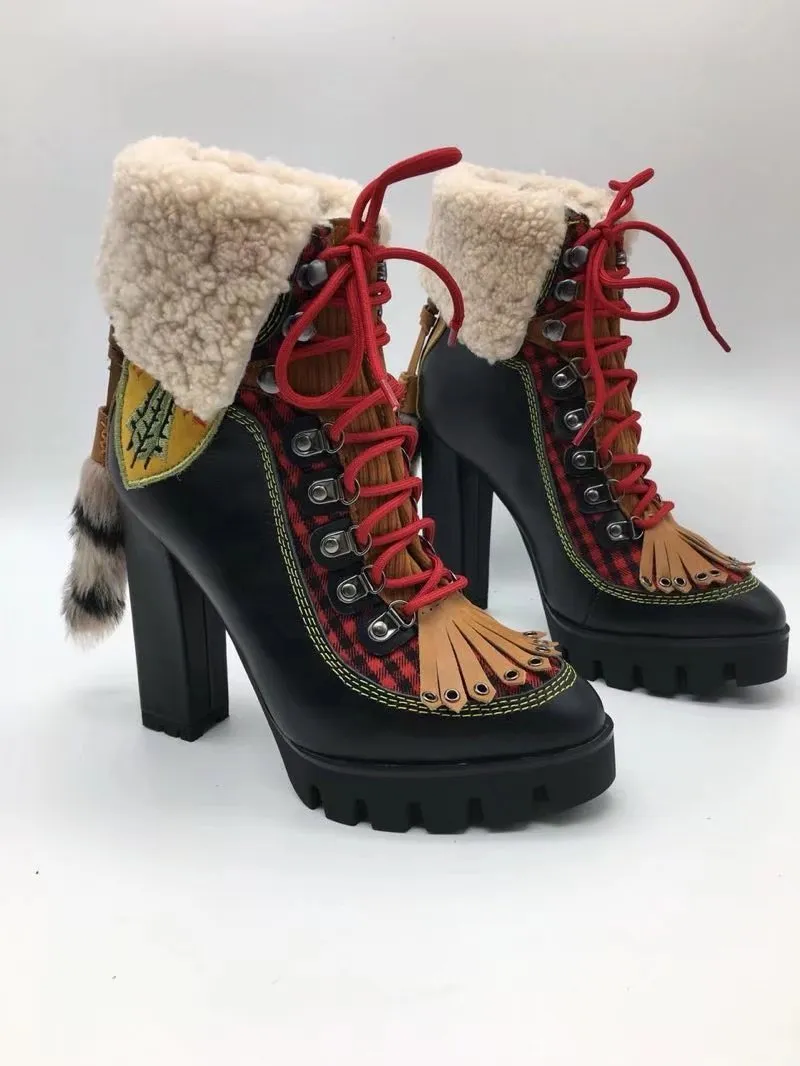 Winter New Sexy Chunky high heel Platform Ankle Boots Women Wool Fur Leather lace up Snow Boots Women Motorcycle Boots