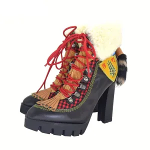 Winter New Sexy Chunky high heel Platform Ankle Boots Women Wool Fur Leather lace up Snow Boots Women Motorcycle Boots
