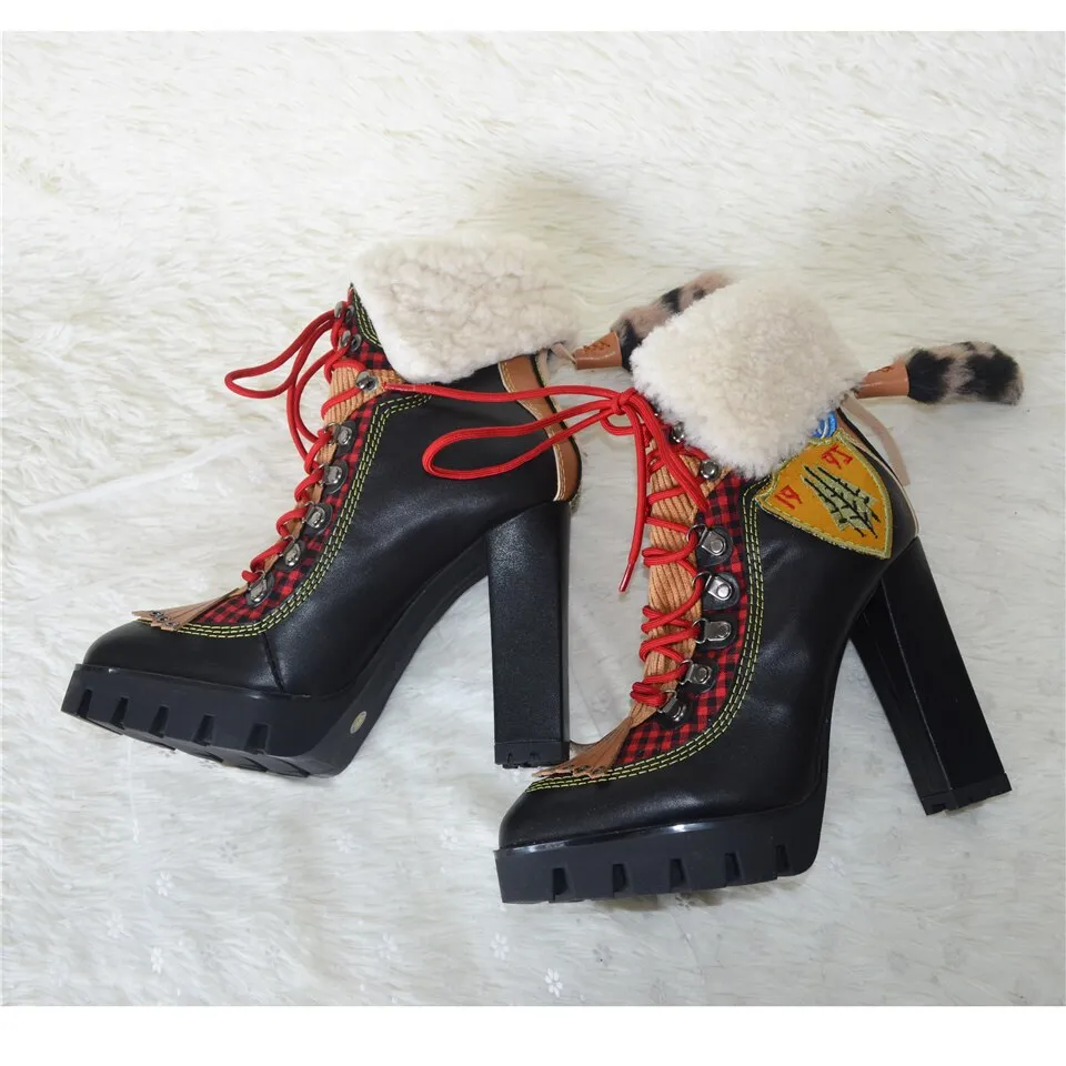 Winter New Sexy Chunky high heel Platform Ankle Boots Women Wool Fur Leather lace up Snow Boots Women Motorcycle Boots