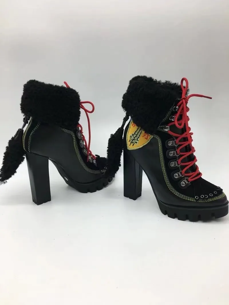 Winter New Sexy Chunky high heel Platform Ankle Boots Women Wool Fur Leather lace up Snow Boots Women Motorcycle Boots