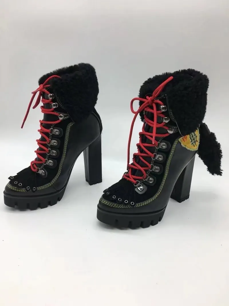 Winter New Sexy Chunky high heel Platform Ankle Boots Women Wool Fur Leather lace up Snow Boots Women Motorcycle Boots