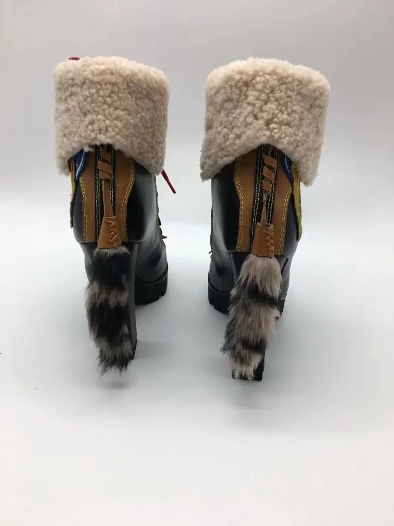 Winter New Sexy Chunky high heel Platform Ankle Boots Women Wool Fur Leather lace up Snow Boots Women Motorcycle Boots