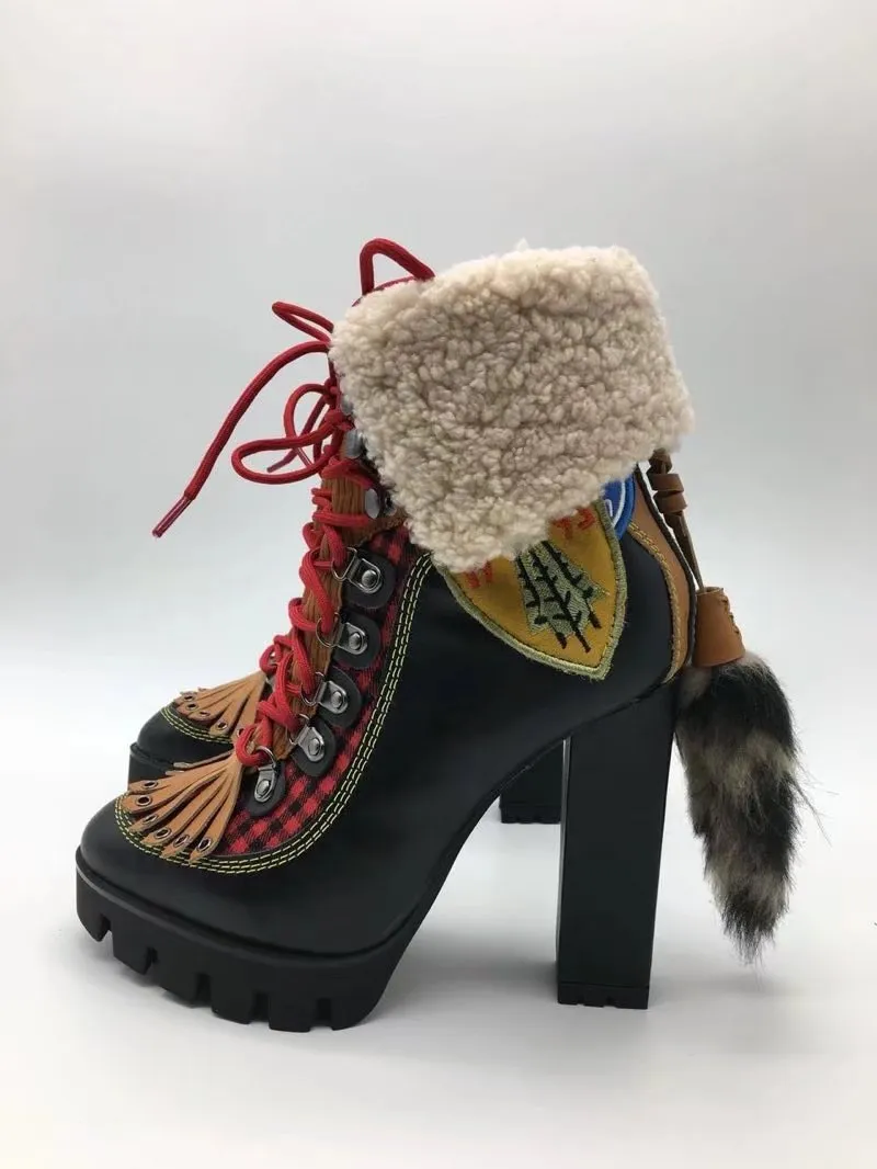 Winter New Sexy Chunky high heel Platform Ankle Boots Women Wool Fur Leather lace up Snow Boots Women Motorcycle Boots