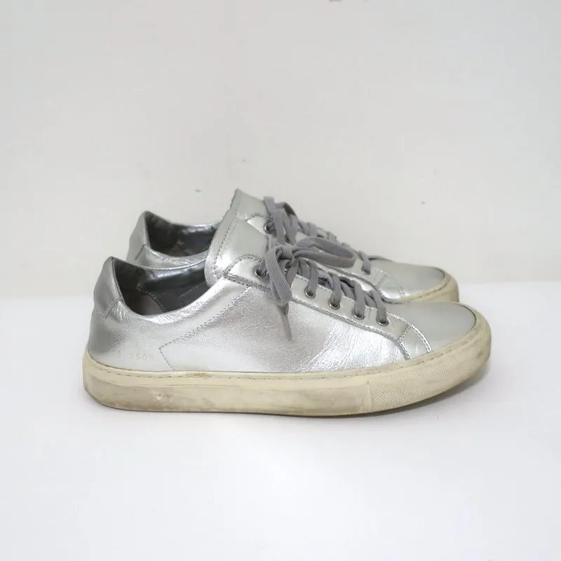 Woman by Common Projects Achilles Low Sneakers Silver Metallic Leather Size 38