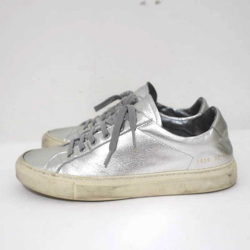 Woman by Common Projects Achilles Low Sneakers Silver Metallic Leather Size 38
