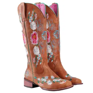 Women Embroidery Riding Boots Vintage Square Toes Chunky Heel Cowgirl Cowboy Boots