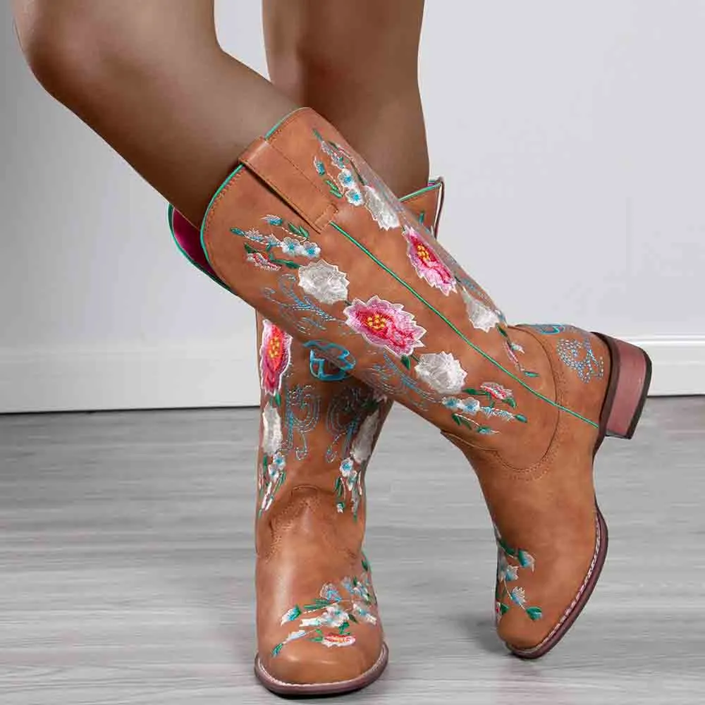 Women Embroidery Riding Boots Vintage Square Toes Chunky Heel Cowgirl Cowboy Boots