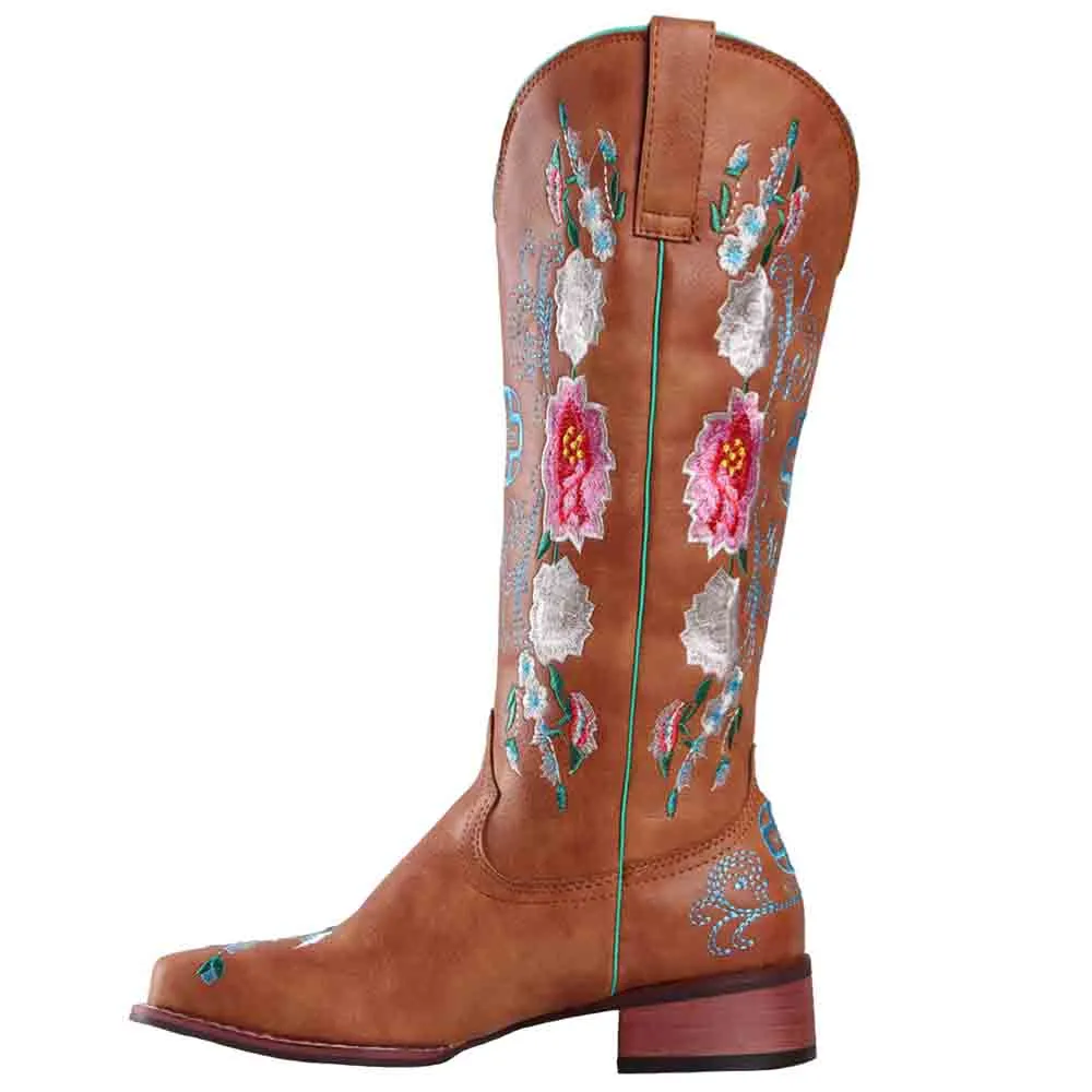 Women Embroidery Riding Boots Vintage Square Toes Chunky Heel Cowgirl Cowboy Boots