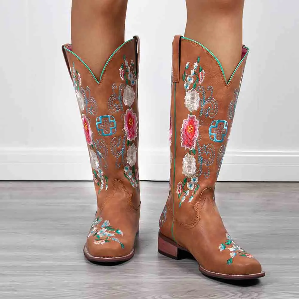 Women Embroidery Riding Boots Vintage Square Toes Chunky Heel Cowgirl Cowboy Boots