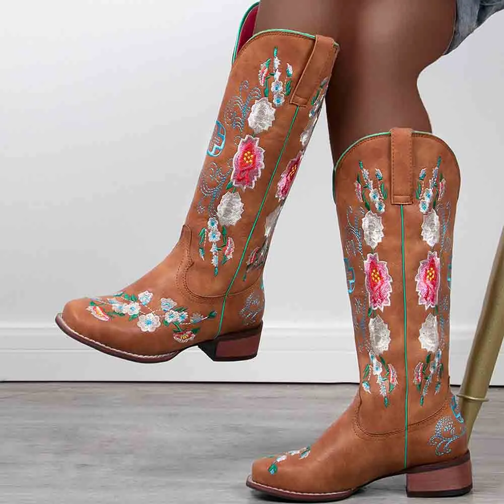 Women Embroidery Riding Boots Vintage Square Toes Chunky Heel Cowgirl Cowboy Boots