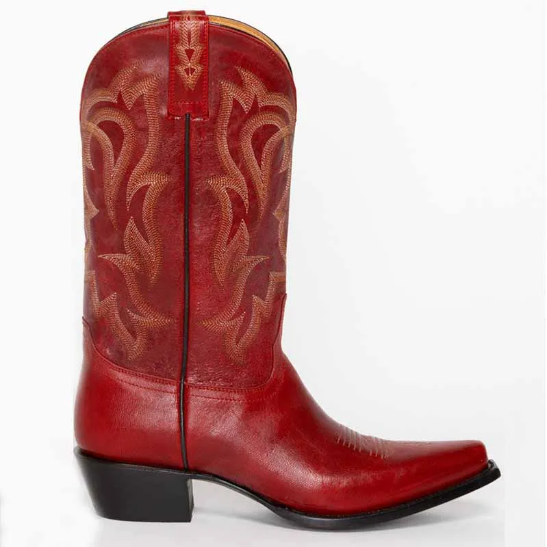 Women Red Embroidered Chunky Tube Western Boots Cowgirl Mid Calf Boots