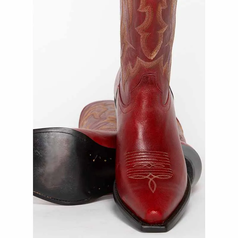 Women Red Embroidered Chunky Tube Western Boots Cowgirl Mid Calf Boots