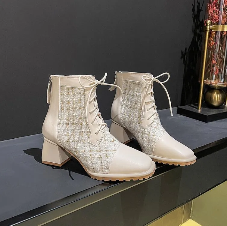 Women's Petite Feet Chunky Heel Lace Up Short Boots MS219