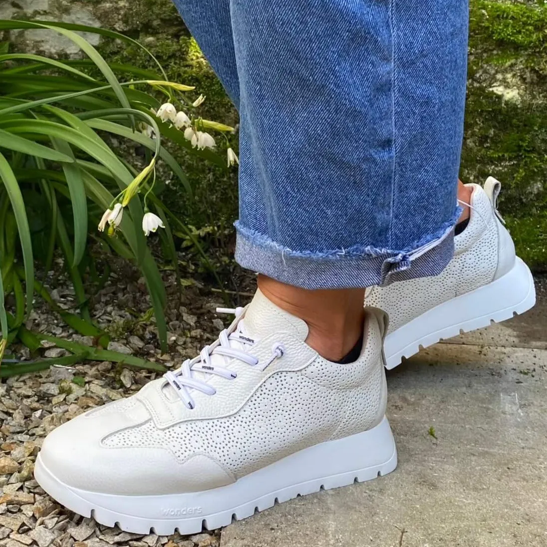 Wonders White Laser Cut Leather Sneakers