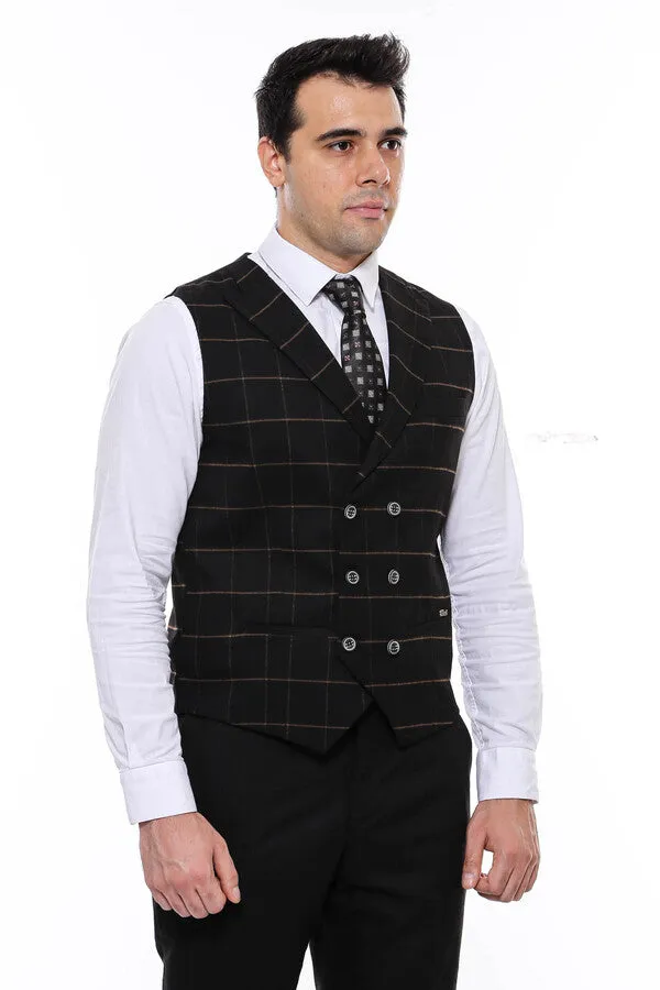 WSS Double Breasted Plaid Black Men Vest  - Singen