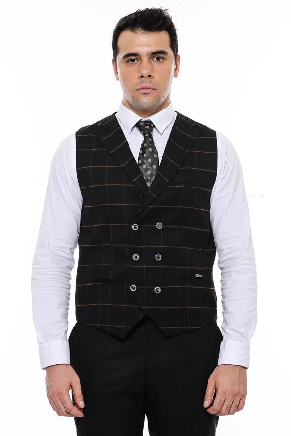 WSS Double Breasted Plaid Black Men Vest  - Singen