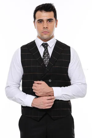WSS Double Breasted Plaid Black Men Vest  - Singen